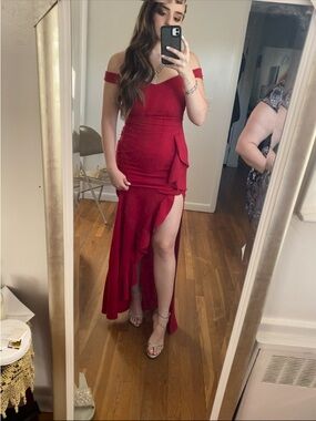 Emerald Sundae Off-Shoulder Red Evening Gown with High Slit